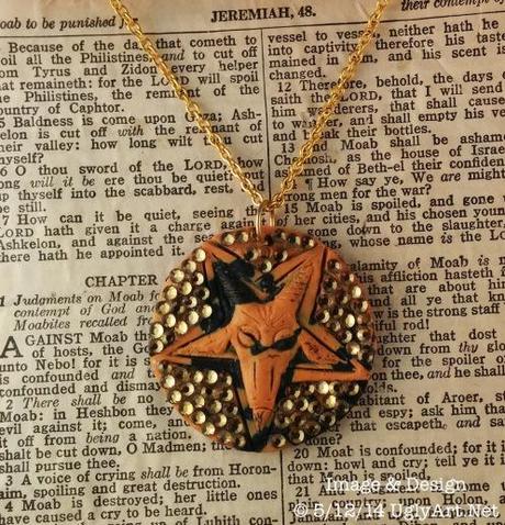 Rhinestone Orange & Black Baphomet Pentagram Necklace by Ugly Shyla