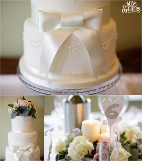 white bow-tie cake at wedding at Alma Inn