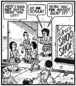 Guest Post : Idiots’ guide to ladies footwear Old lady: 'HEY! I said GET outta here you lot!'