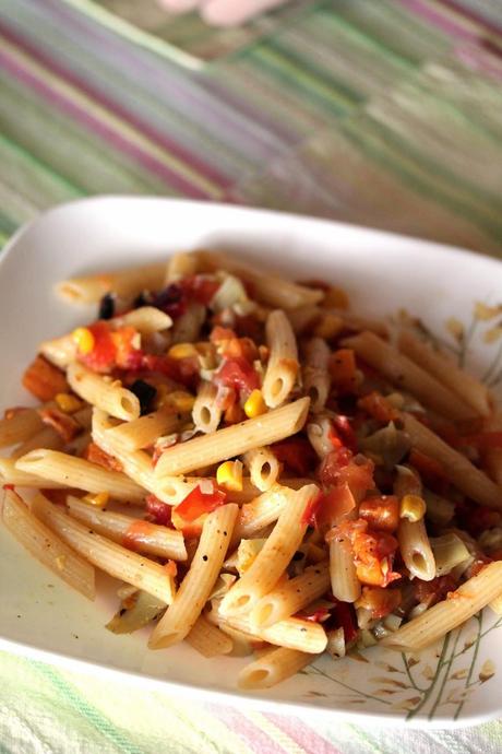 Summery Pasta with Corn, Sweet Potatoes, Tomatoes, and Artichokes
