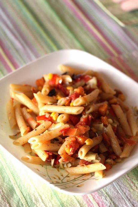 Summery Pasta with Corn, Sweet Potatoes, Tomatoes, and Artichokes