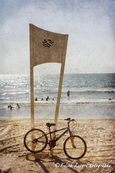 Israel, Hedera, beach, Mediterranean, sea, bicycle, swimmers, texture, travel photography, fine art