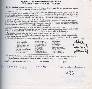 Signature of Max Perutz added to the United Nations Bomb Test Petition, 1957.