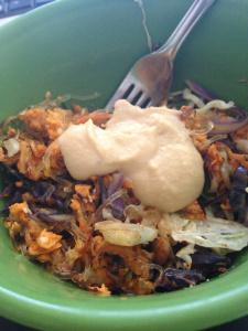 Pan-roasted cole slaw (cabbage and carrots) with kelp noodles, spices, hemp seeds and smoked hummus.