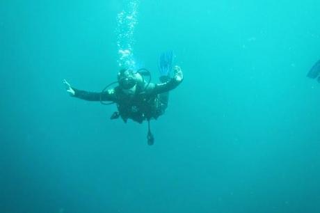 Goofing off while diving in the Galapagos