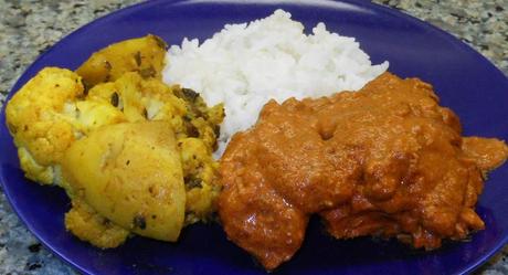 Chicken Tikka Masala, Gobi Aloo, and Rice.