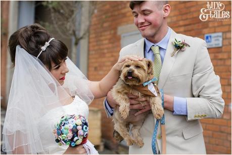 Bride & groom with dog quirky wedding up themed camp & furnace