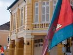 Cambodian flag outside Corner Building and Villa
