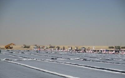 The researchers' material, shown being installed at a site in the Middle East, combines sodium bentonite clay and polymers to create a substance that can withstand industrial waste
