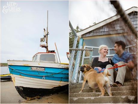 Engagement shoot at filey beach with dog puggle