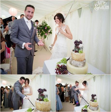 Silly photos of bride and groom cutting cheese cake at York wedding