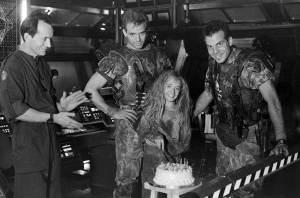 Lance-Henriksen-Michael-Biehn-and-Bill-Paxton-celebrating-Louise-Head’s-Carrie-Henn’s-stunt-double-birthday-on-the-set-of-Aliens