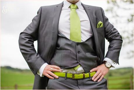 Grooms green belt and tie Newton Grange Wedding Photography