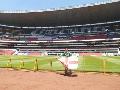 Hand of God and Mexico 86 Memories: Visiting Estadio Azteca, Ciudad de Mexico, Mexico Pitchside by the half way line.