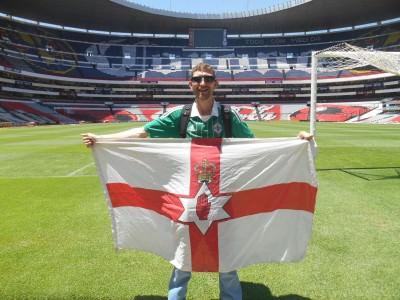 Hand of God and Mexico 86 Memories: Visiting Estadio Azteca, Ciudad de Mexico, Mexico Northern Ireland flag at Estadio Azteca, Mexico City.