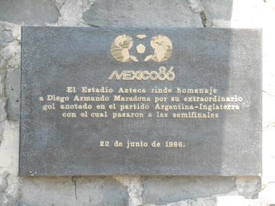 Hand of God and Mexico 86 Memories: Visiting Estadio Azteca, Ciudad de Mexico, Mexico Plaque about the famous Maradona match where he punched one in and then scored the goal of the century in a 2-1 Quarter Final win v. England in 1986.