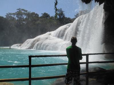 Visiting Agua Azul Waterfalls Near Palenque, Mexico Agua Azul, underneath the main falls.
