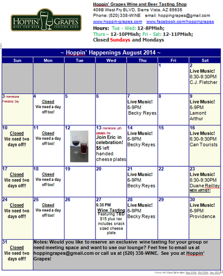 August Calendar and New Hours For Hoppin' Grapes Wine and Beer, Sierra Vista, Arizona
