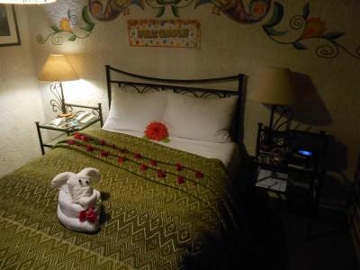 Staying at Hotel Villas Casa Morada, San Cristobal de las Casas, Mexico Flowers on the bed - a birthday surprise!