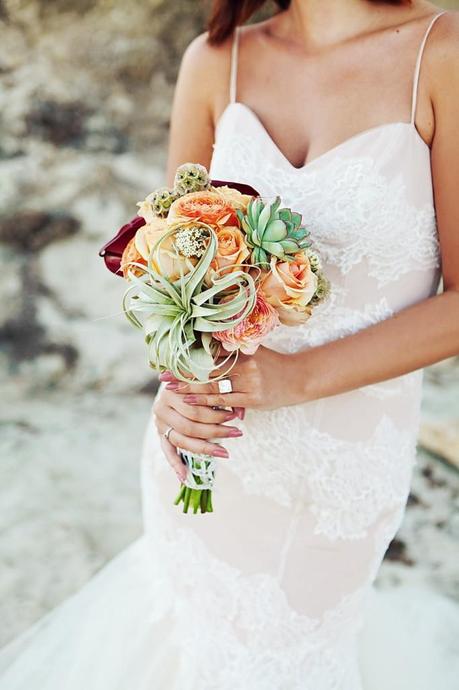 California Destination Wedding Style Photo Shoot: Laguna Beach Corals, Green Succulent Wedding Bouquet