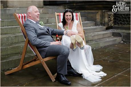 Leeds Town Hall Wedding photography beach chairs couple laughing quirky relaxed