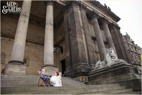 Leeds Town Hall Wedding photography beach chairs couple laughing quirky relaxed