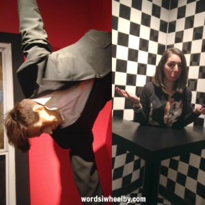 Wax figure of Johnny Eck, a man born with no torso. On the right, a picture of my friend inside an optical illusion making it appear she has no torso.