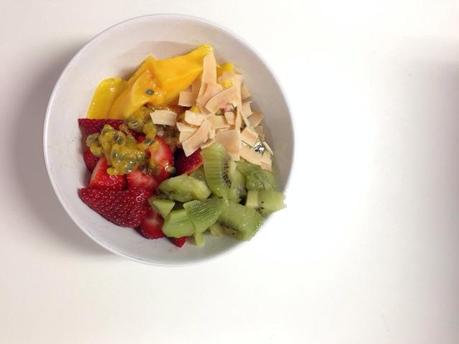 Breakfast … Mango, strawberries, kiwi fruit, coconut and passionfruit.