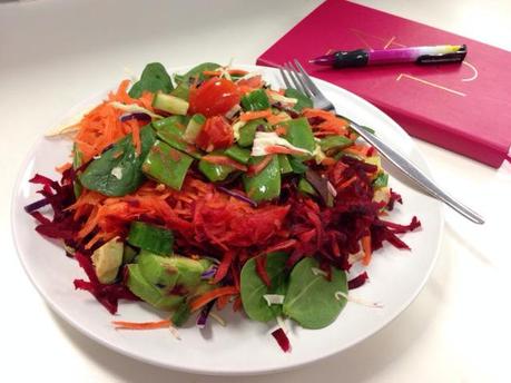 Lunch … baby spinach, carrot, beetroot, snow peas, tomato, cucumber and avocado. 