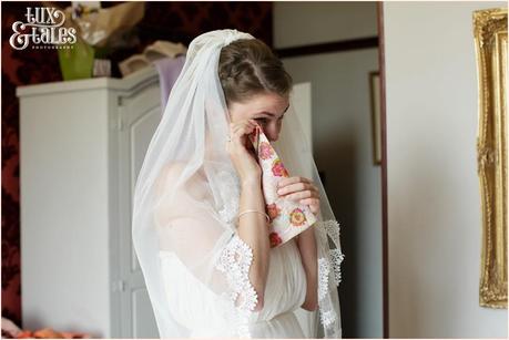 Broadoaks Wedding Photographer Windermere || Tux & Tales Photography || Bride Preparation crying handkerchief