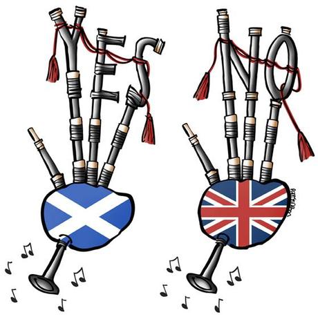 Two bagpipes playing music, one bag as Scottish flag with pipes spelling out YES, one bag with Union Jack United Kingdom flag with pipes spelling out NO, reference to Scottish Referendum scheduled for September 18, 2014 to decide if Scotland should be independent country