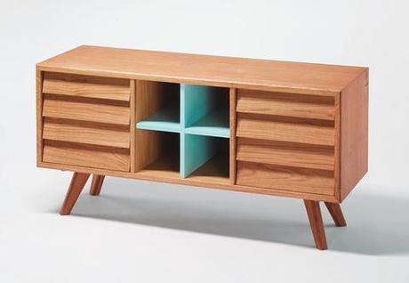 Wooden sideboard with blue accents and drawers inspired by Scandinavian sailboats