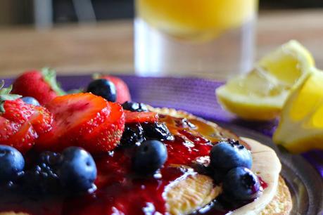 Lemon Scented Pancakes with Blueberry Syrup