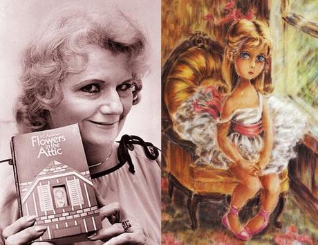Photo of gothic horror author V.C. Andrews holding her first book Flowers In The Attic, and her painting of wide-eyed plaintive little girl in frilly dress