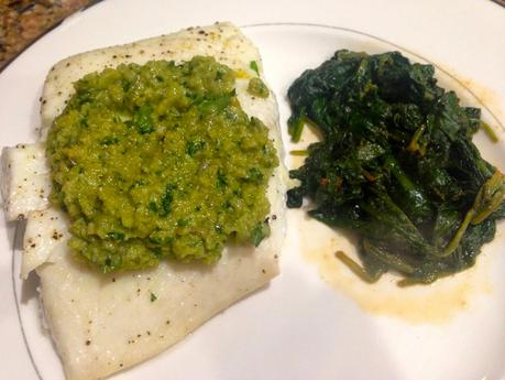Roasted Halibut with Green Olive Relish