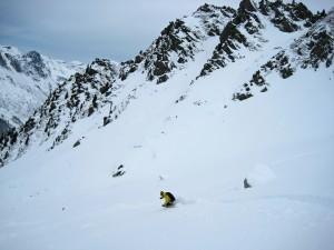 Skiing Lavancher bowl, Grands Montets, Chamonix.