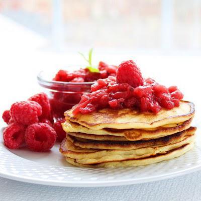 Apple Raspberry Sauce and Ricotta Pancakes