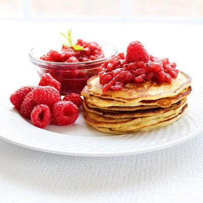 Apple Raspberry Sauce and Ricotta Pancakes