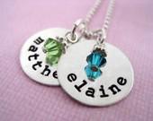 TWO TINY Brags with Birth Stones -  Hand Stamped Sterling Silver Personalized Name Necklace