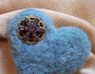Blue Felt Brooch Embellished with Old Vintage Earring