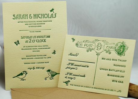 Artcadia wedding invitation letterpress with bird