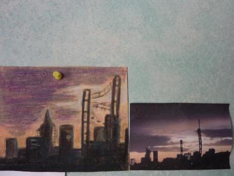 Oil Pastel on suede leather.
Ive also been experimenting with drawing on fabric and other surfaces. This image is inspired by a photo (on the right) that I took of the Paris skyline from near my apartment. I love the atmosphere which i managed to capture, just before the sun disappeared for the night.
The idea of drawing on suede comes from a coat that Carrie wore near the end of the Sex & the City series and i plan to continue along this line. Who knows where it will take me as far as fashion design is concerned, but i plan to try paint on leather next.
xoxo LLM