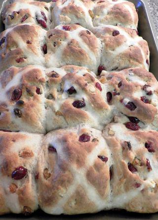 Loaded Hot Cross Buns - out of the oven buns