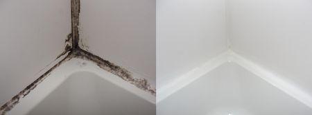 Moldy caulk before and after closeup