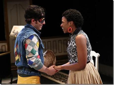 Harlequin (Nicolas Gamboa) with neighborhood sweetheart Silvia (Alana Arenas) in Remy Bumppo Theatre Company's Changes of Heart by Marivaux, translated by Stephen Wadsworth. (photo credit: Johnny Knight)