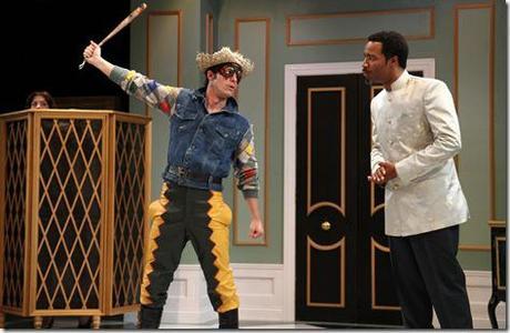 Nicolas Gamboa (as Harlequin) and D'Wayne Taylor  (as Trivelin) in Remy Bumppo Theatre Company's Changes of Heart by Marivaux, translated by Stephen Wadsworth. (photo credit: Johnny Knight)