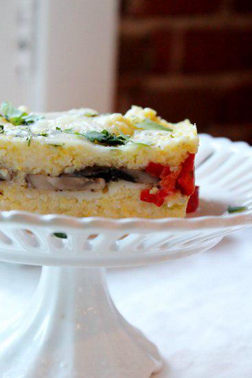 Food: Roasted Red Pepper and Mushroom Polenta Layers.