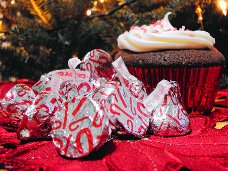 Chocolate candy cane cupcake with white chocolate frosting