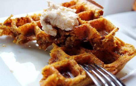 Food: Whole Wheat Pumpkin Waffles with Maple Cinnamon Butter.