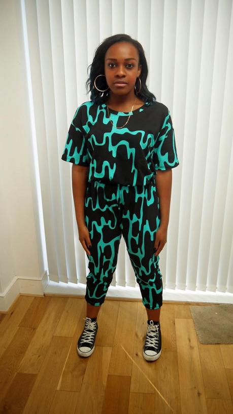 La Mode D'Emm Blue Co-ordinates electric jumpsuit Monki Black and White Converses